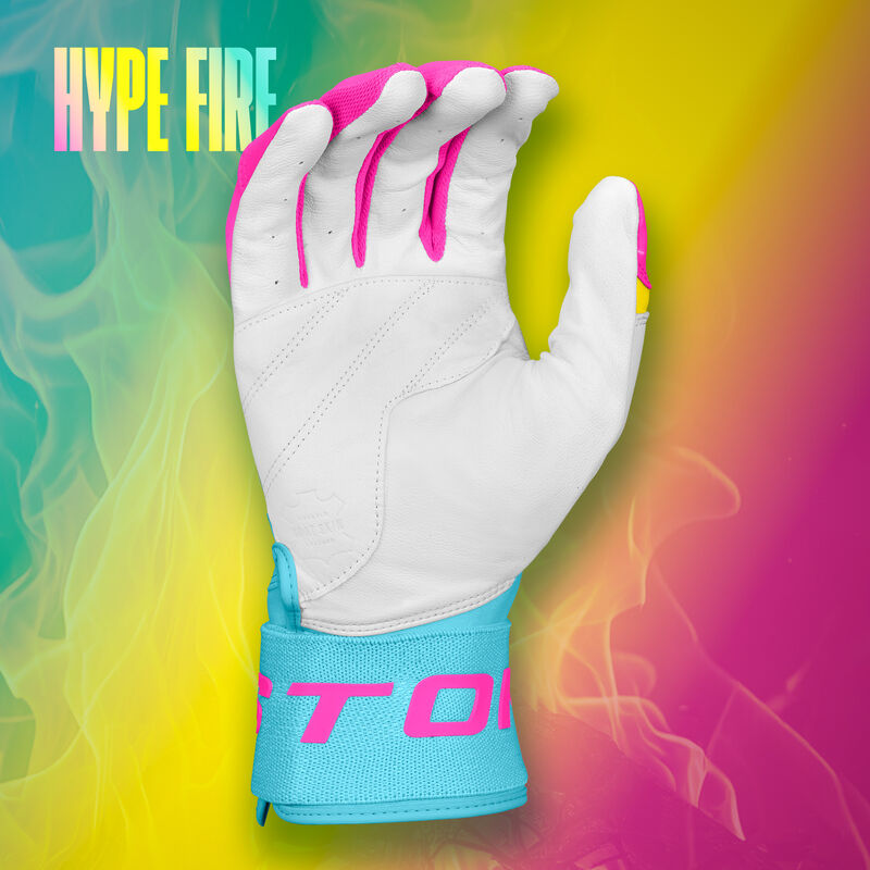 Palm of an Eason Walk-Off Ethos Locked-In Fire batting glove with a matching design background