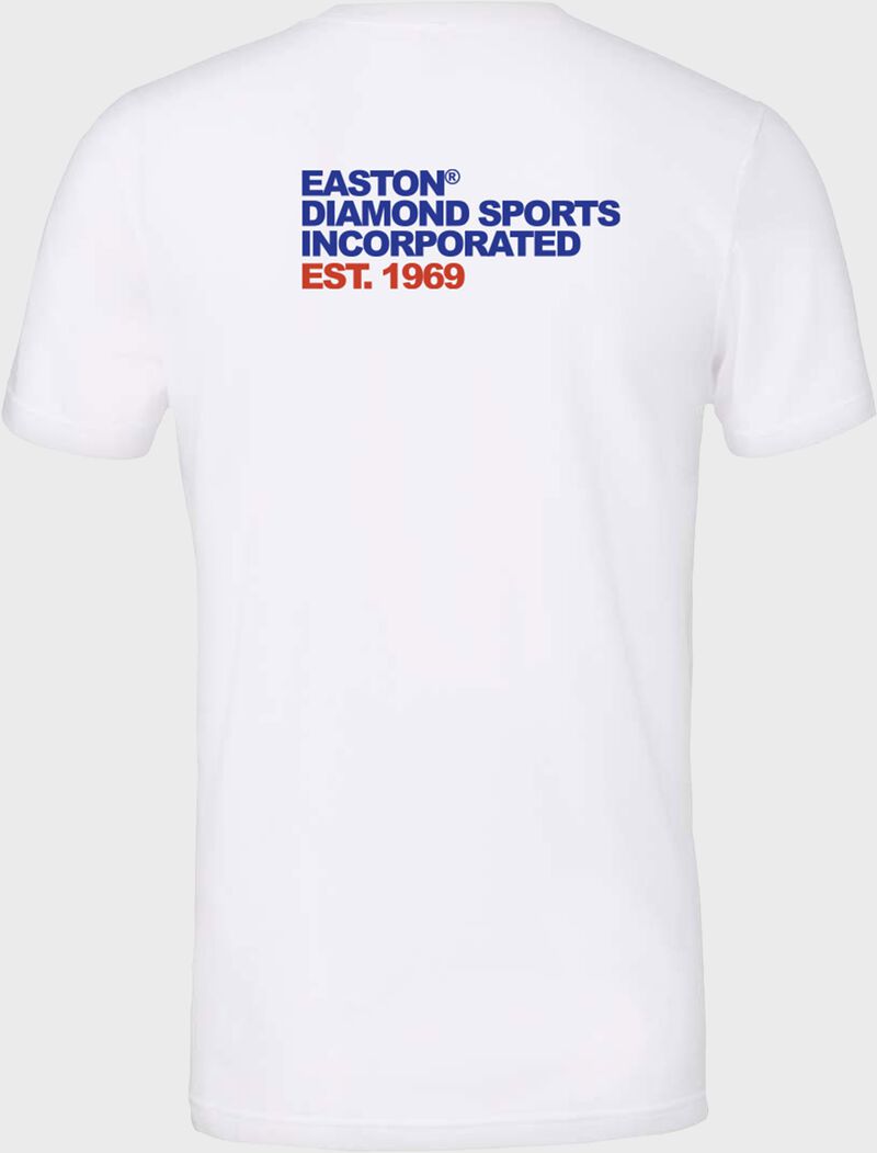"Easton Diamond Sports Incorporated EST. 1969" printed on the back of a white Easton Retro logo t-shirt
