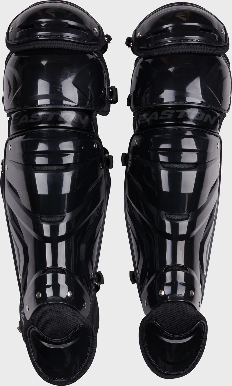 Front of a set of black Gametime leg guards