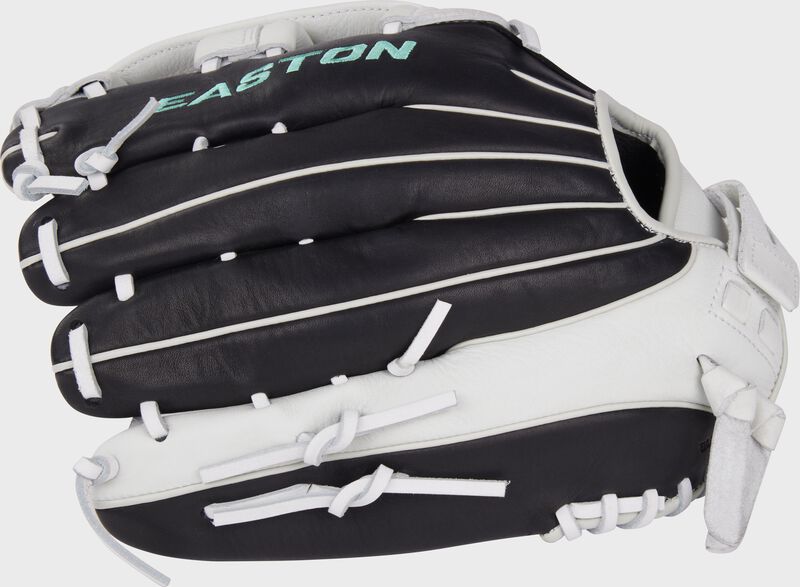 Back of a black/white Easton Fundamental Fastpitch 13-Inch fastpitch softball glove