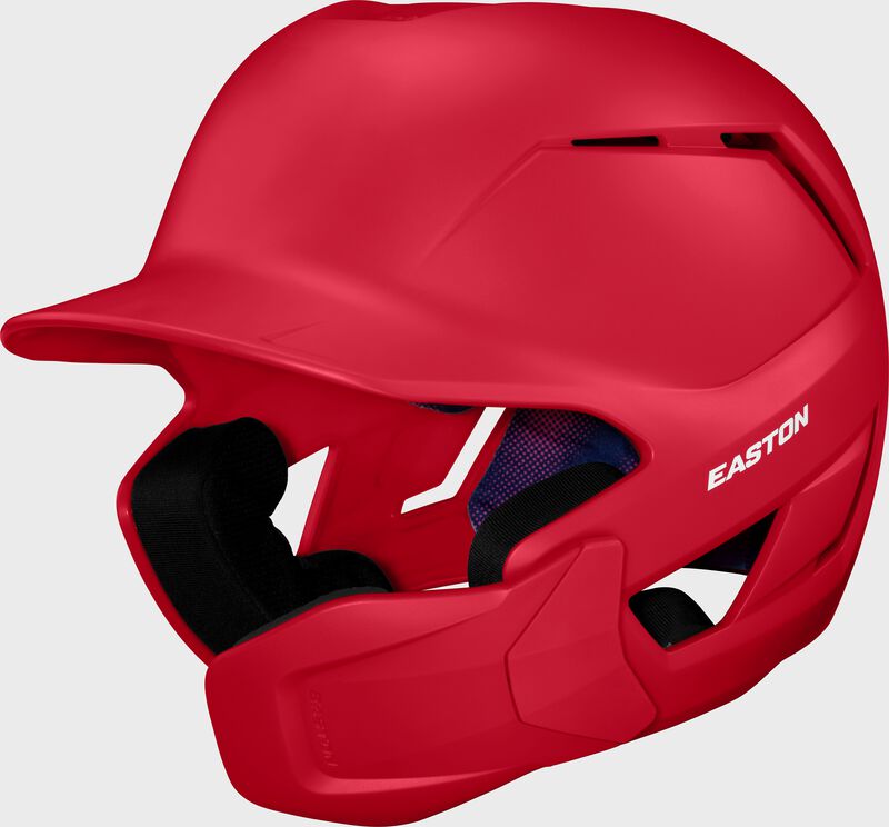 Front left of a red Easton Z50 batting helmet with mult-adjust jaw guard with no "E" logo on the front
