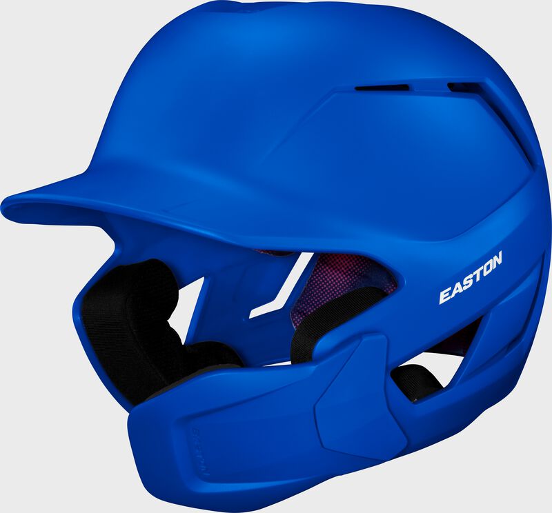 Front left of a royal Easton Z50 batting helmet with mult-adjust jaw guard with no "E" logo on the front