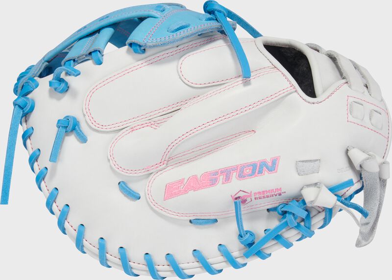 White back of a white/Columbia blue Easton Professional Collection 34" fastpitch catcher's mitt