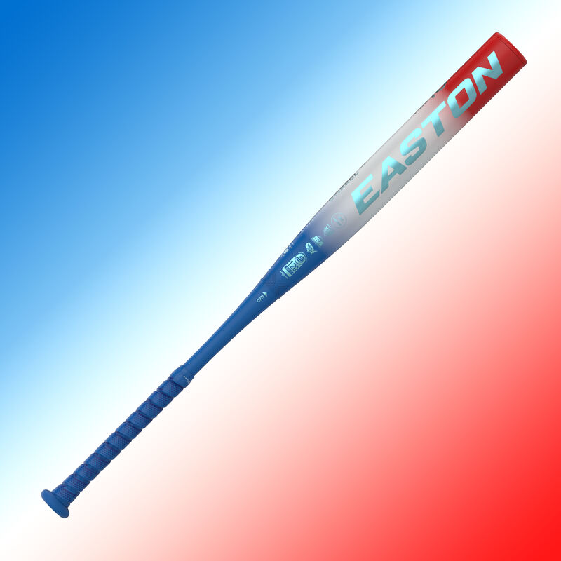 View two of an Easton Ghost OG Rocket Pop Fastpitch bat with a red, white, & blue background