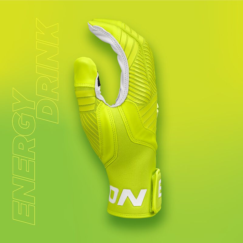 Thumb of a Walk-Off Ethos Energy Drink batting glove with an "Energy Drink" background