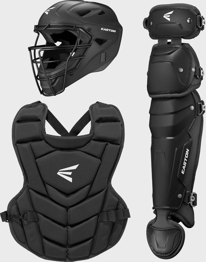 A black Easton Black Magic 3.0 youth Catcher's set with a helmet, chest protector, and leg guard