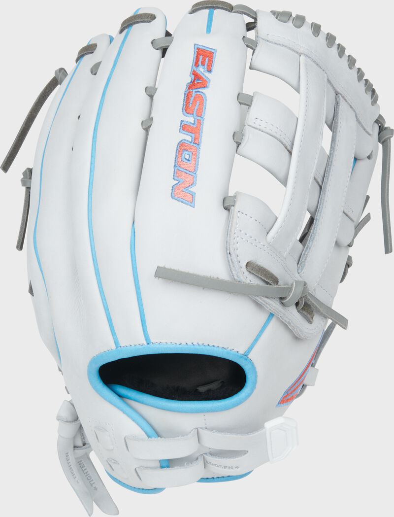 Back of a white/columbia blue/pink Easton Professional Collection 13" fastpitch softball glove loading=