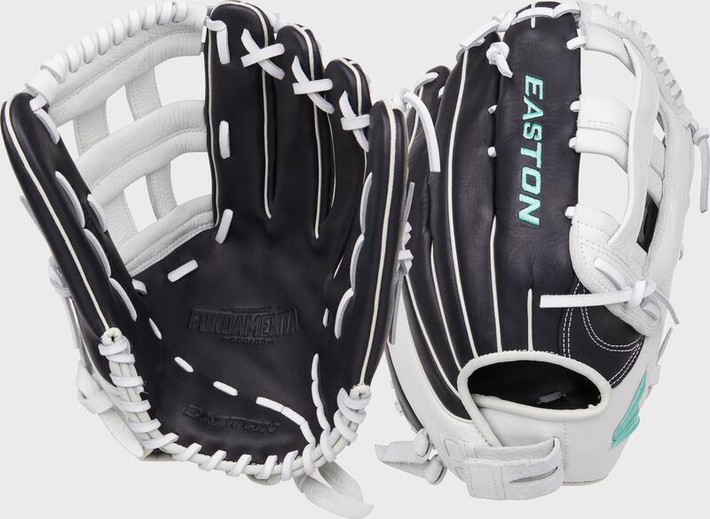Two images showing the palm & back of a black/white Easton Fundamental Fastpitch 13-Inch fastpitch softball glove loading=