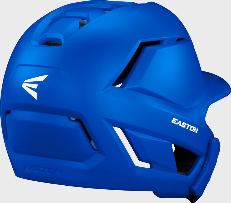 Back right of a royal Easton Z50 batting helmet with mult-adjust jaw guard