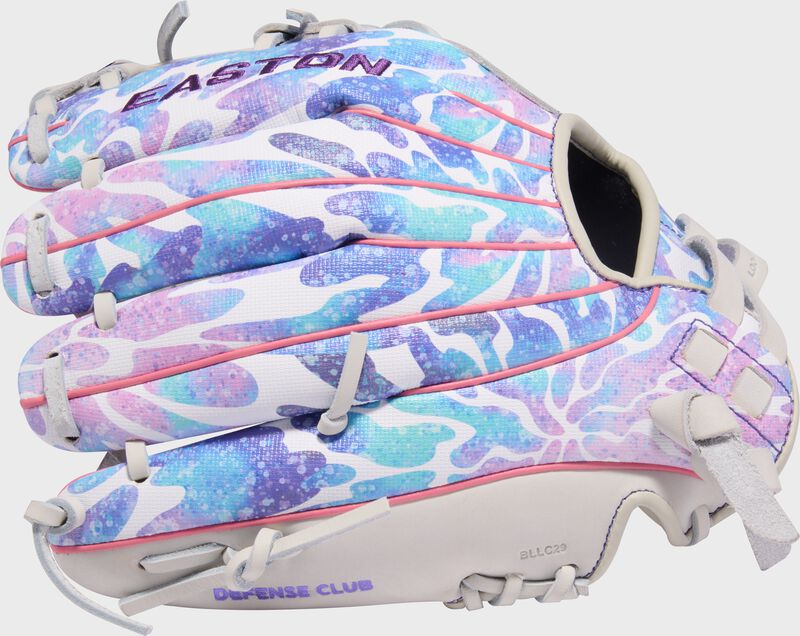 Tie dye print back of a white/tie dye Easton Morgan Stuart MYWHY 11.5" fastpitch softball glove