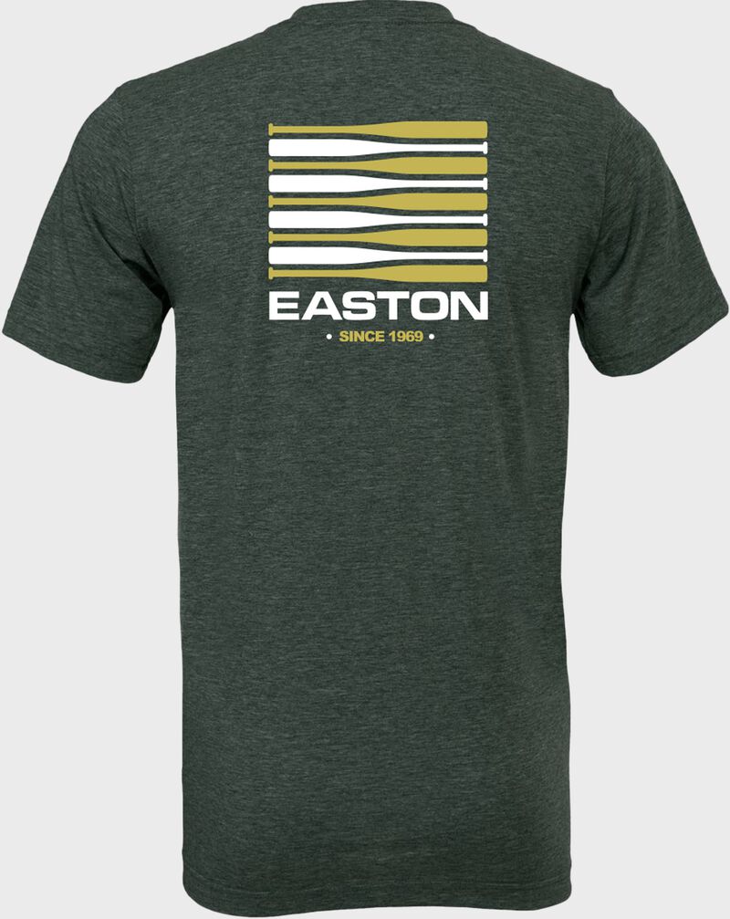 Easton bat flag logo on the back of a heather forest green Easton retro t-shirt