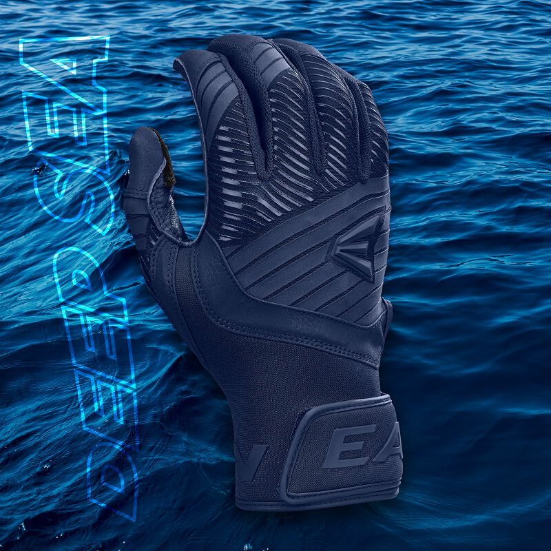 Back of a navy Easton Walk-Off Ethos Deep Sea batting glove with a "Deep Sea" background