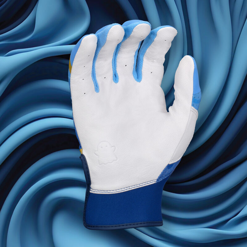 Palm of an "Out of the Blue" Easton Ghost Ethos fastpitch batting glove with a blue themed background