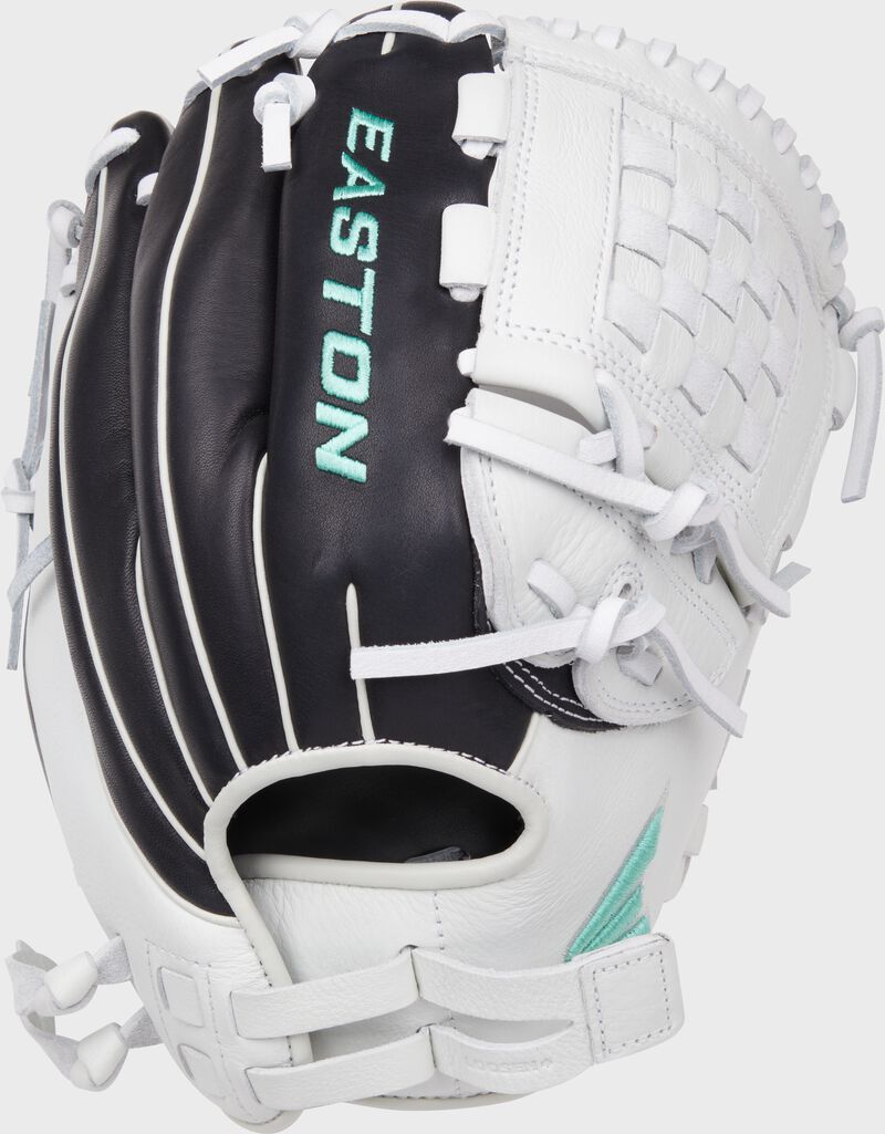 Back of a black/white Easton Fundamental Fastpitch 12-Inch fastpitch softball glove loading=