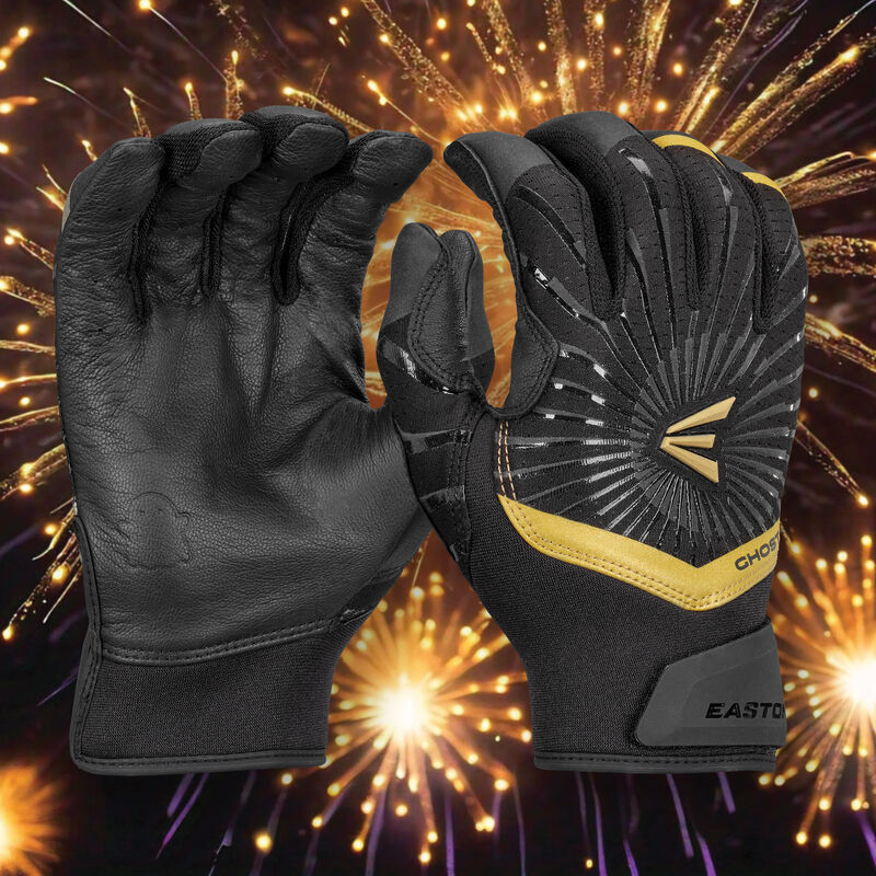 A pair of "Midnight Sky" Easton Ghost Ethos fastpitch batting gloves with a black midnight theme background