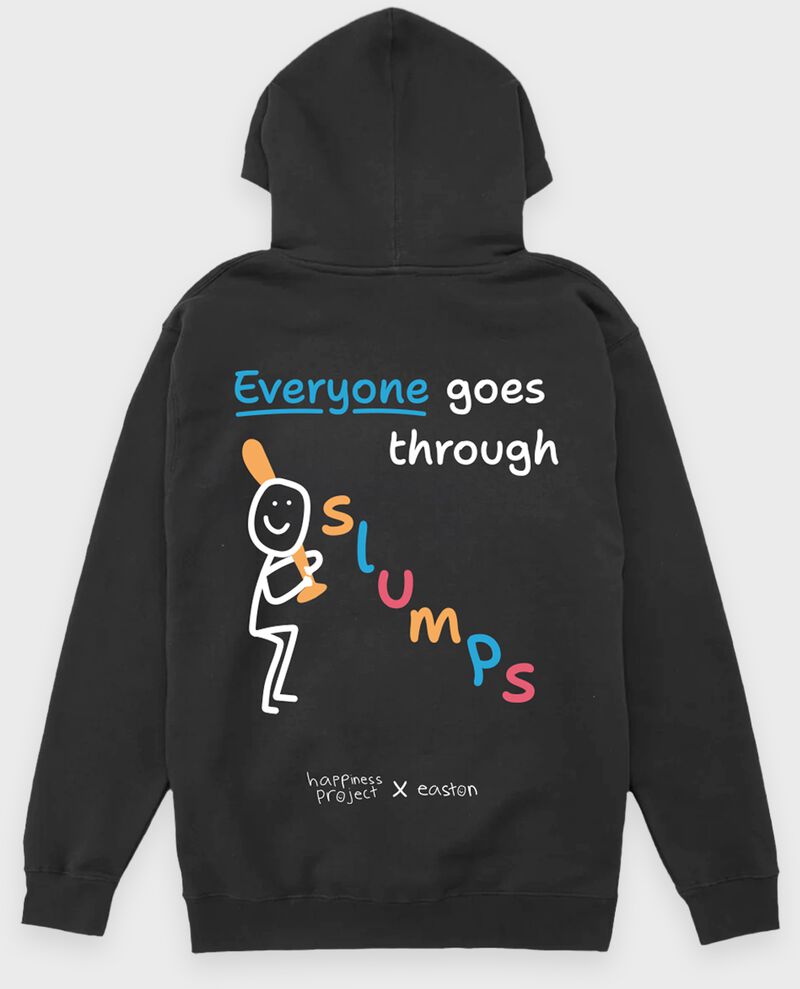 Back of a black Easton Happiness Project "You're Not Alone" hoodie