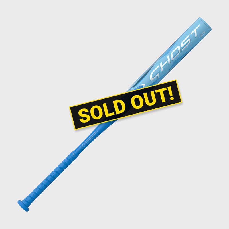 "Sold Out" Icon over top a blue limited edition Ghost Double Barrel Ice softball bat