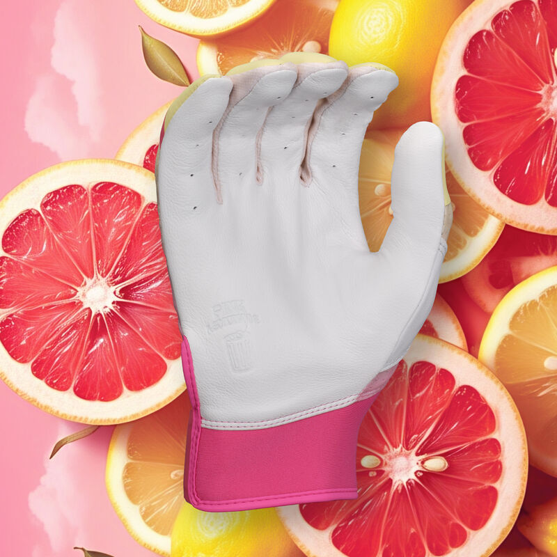 White palm of a pink/white/yellow Easton Pink Lemonade Ghost Ethos fastpitch batting glove with a pink lemonade theme background