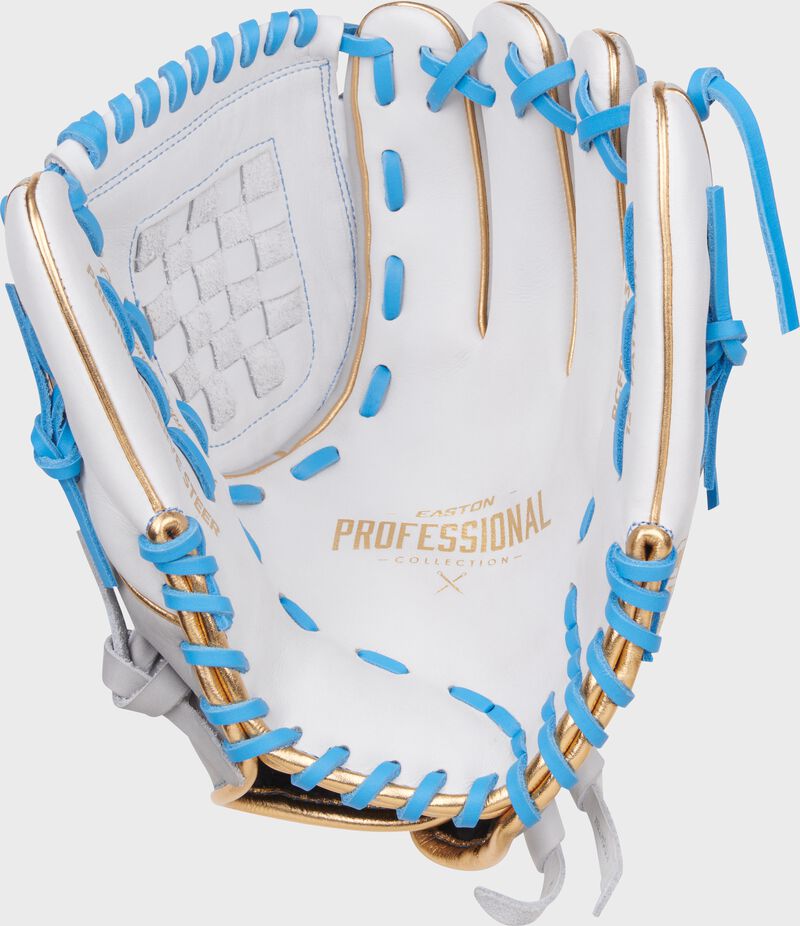 White palm of a white/gray Easton Professional Collection 12" fastpitch softball glove with gold stamping and Columbia blue laces