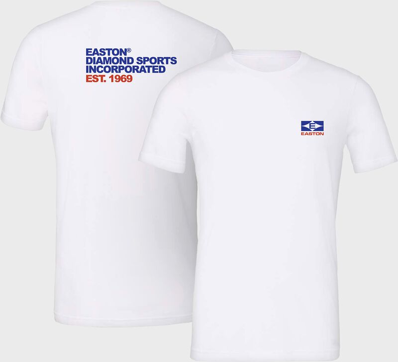 Picture showing the front and back of a white Easton Men's retro logo t-shirt