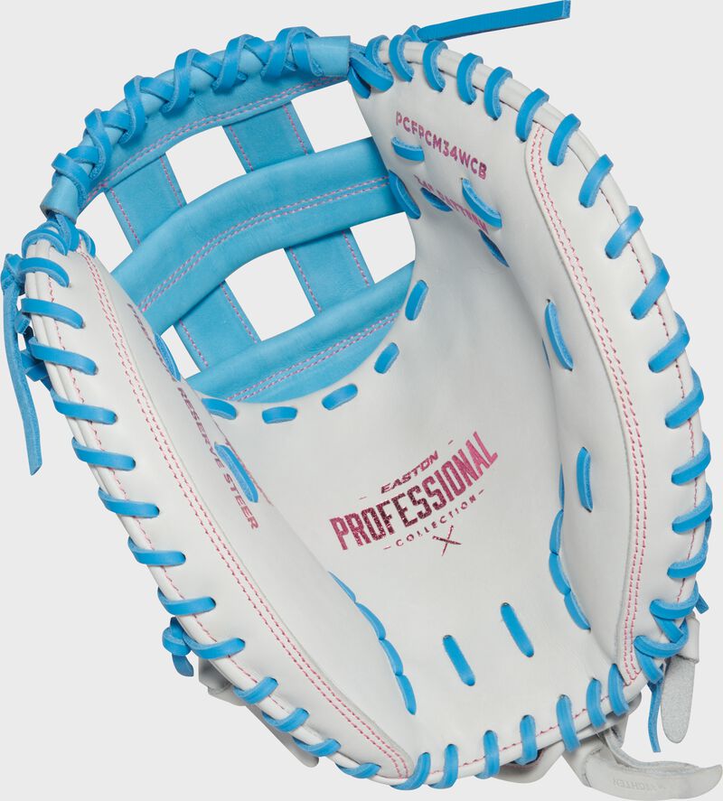 White palm of a white/Columbia blue Easton Professional Collection 34" fastpitch catcher's mitt