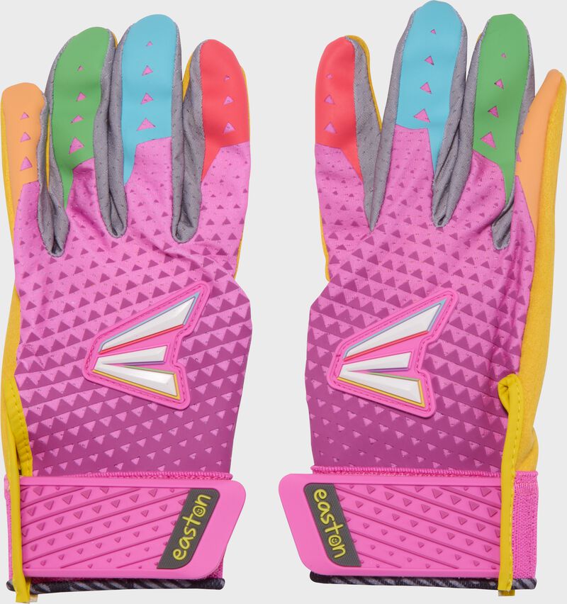 A pair of pink Easton x Happiness Project Ghost NX fastpitch batting gloves