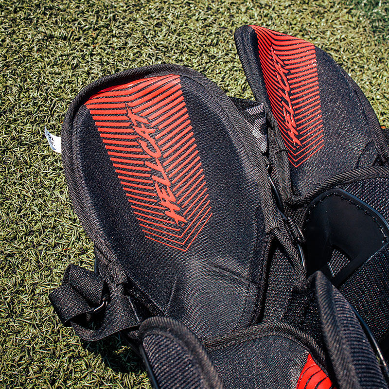 Red inside thigh padding on an Easton Hellcat Mojo leg guard - SKU: HELMOLG loading=