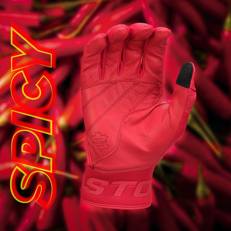 Palm of a red Easton Walk-Off Ethos Spicy batting glove with a "Spicy" background