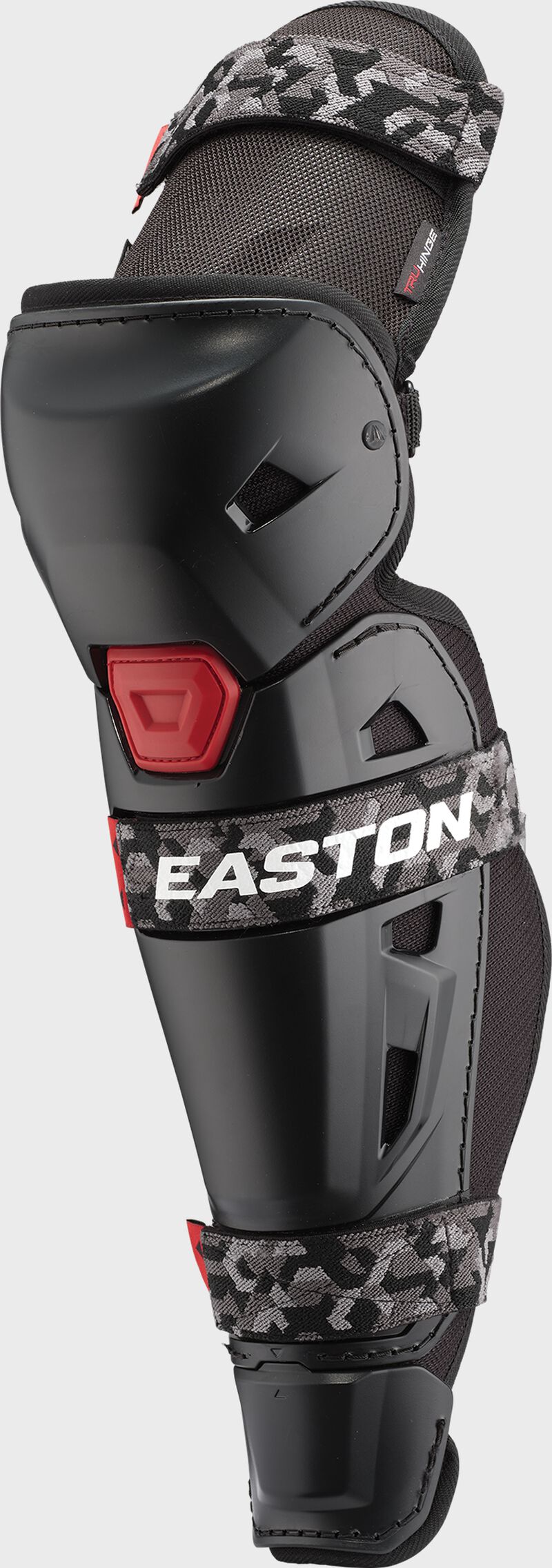 Front of a black Easton Hellcat Mojo leg guard with grey camo straps - SKU: HEMOLG loading=