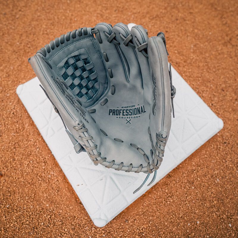 Gray palm of an Easton Professional Collection Color Splash glove on top of a base