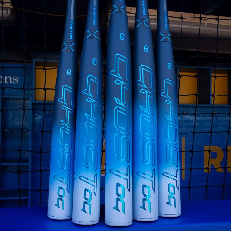 A picture of five 2025 Easton Ghost OG fastpitch bats stood up on their end caps