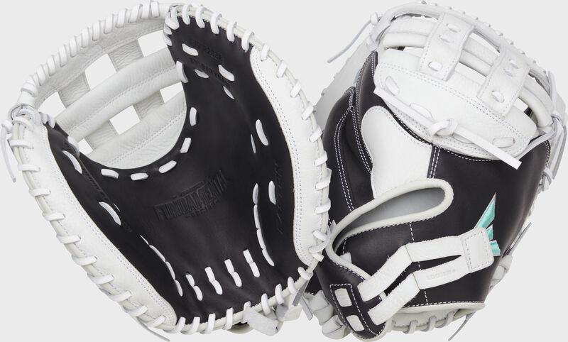 Two images showing the back & palm of a black/white Easton Fundamental Fastpitch 33" fastpitch catcher's mitt