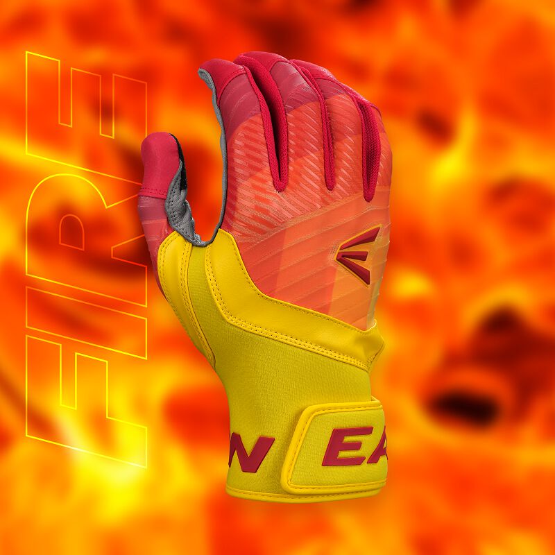 Back of an Easton Walk-Off Ethos fire batting glove with a "fire" background