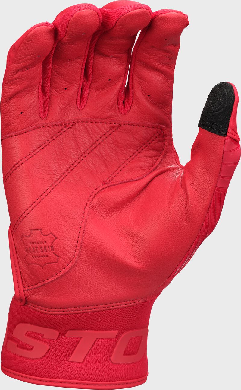 Red palm of a Walk-Off Ethos batting glove