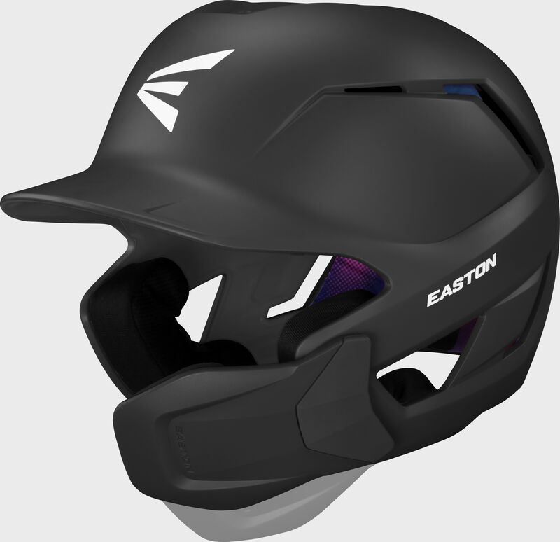 Front left of a black Easton Z50 batting helmet with mult-adjust jaw guard showing the jaw guard adjustability