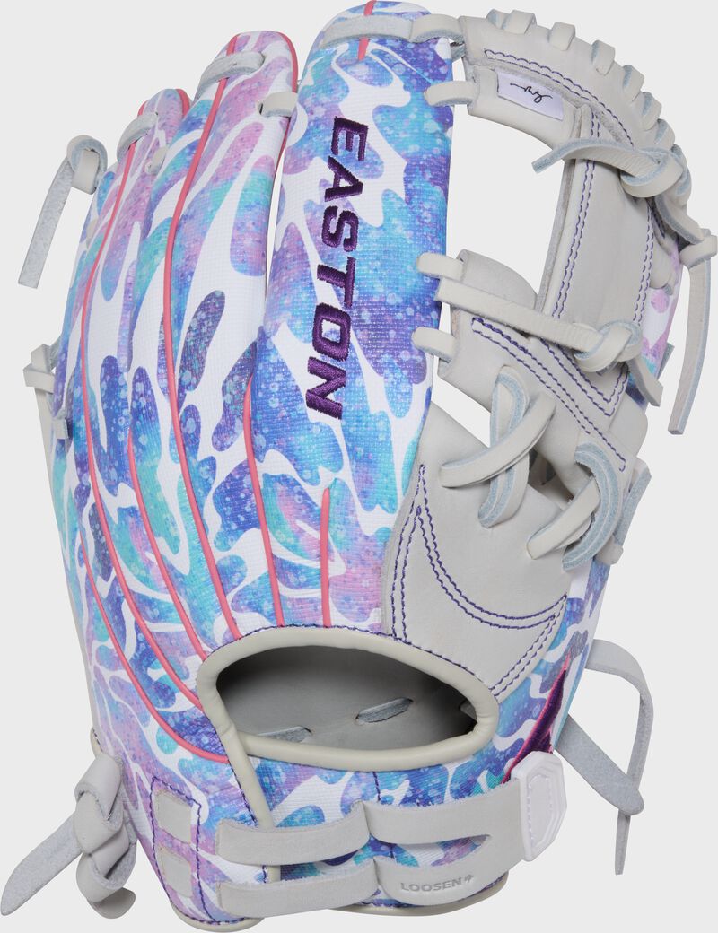 Back of a white/tie dye Easton Morgan Stuart MYWHY 11.5" fastpitch softball glove with a tie dye print back loading=