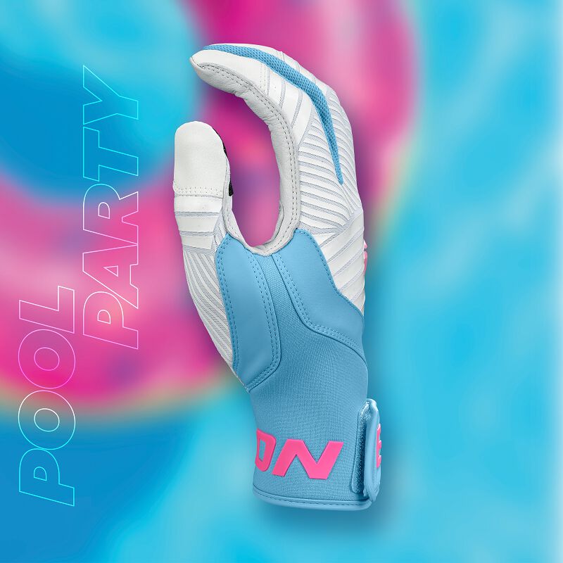 Thumb of a Walk-Off Ethos Pool Party batting glove with a "Pool Party" background