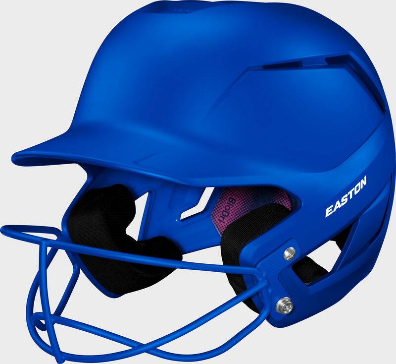Front left of a royal Easton Z50 fastpitch batting helmet with the Screamin' E logo removed from the forehead