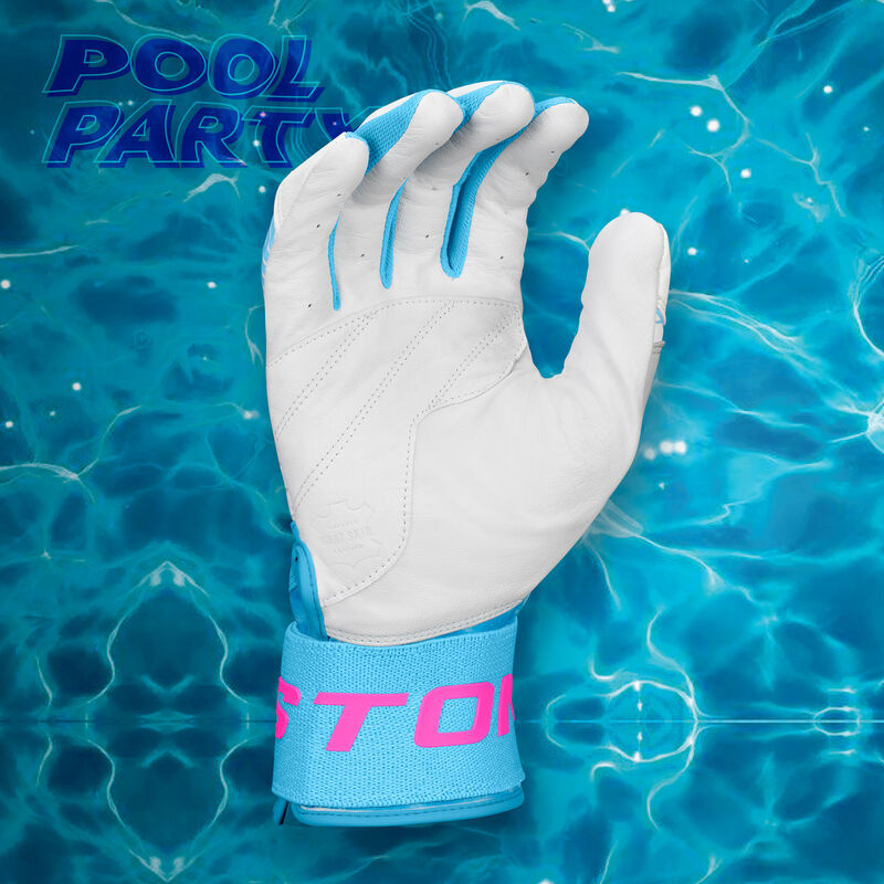 Palm of an Eason Walk-Off Ethos Locked-In Pool Party batting glove with a matching design background
