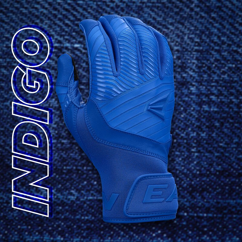 Back of a royal Easton Walk-Off Ethos Indigo batting glove with an "Indigo" background