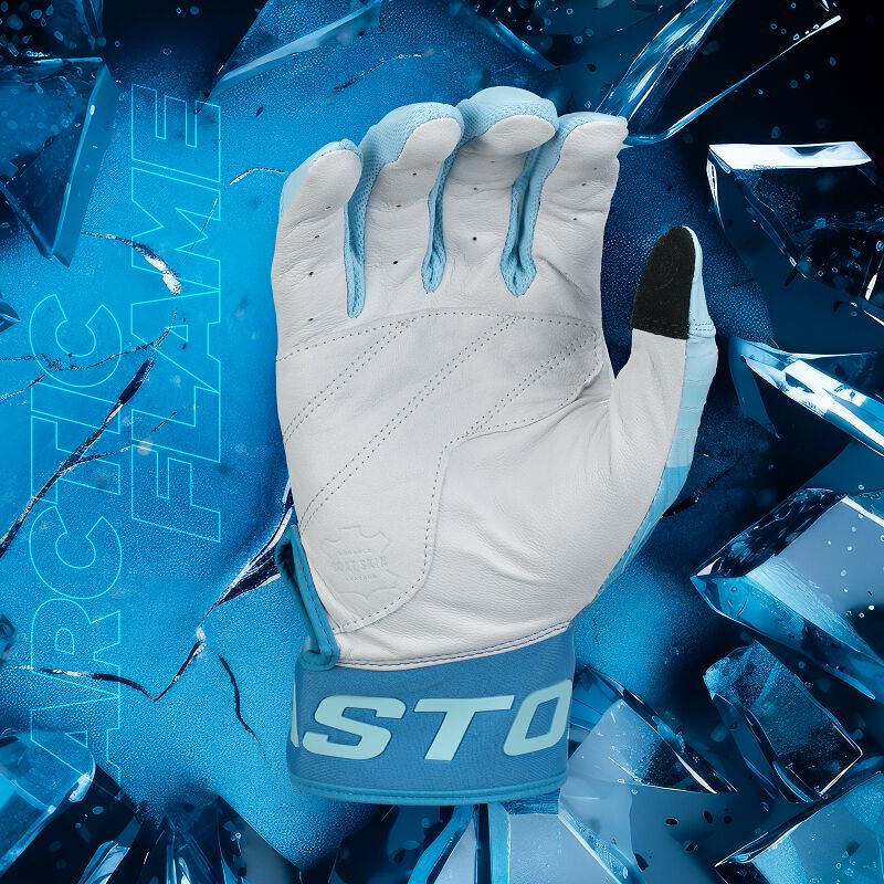 Grey palm of a Walk-Off Ethos Arctic Flame batting glove with a "Arctic Flame" background