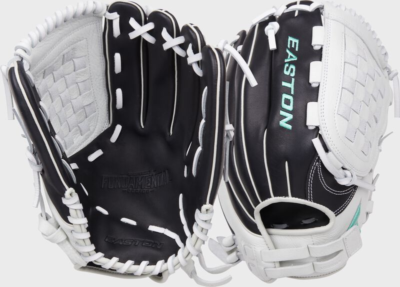 Two images showing the palm & badk of a black/white Easton Fundamental Fastpitch 12.5-Inch fastpitch softball glove loading=