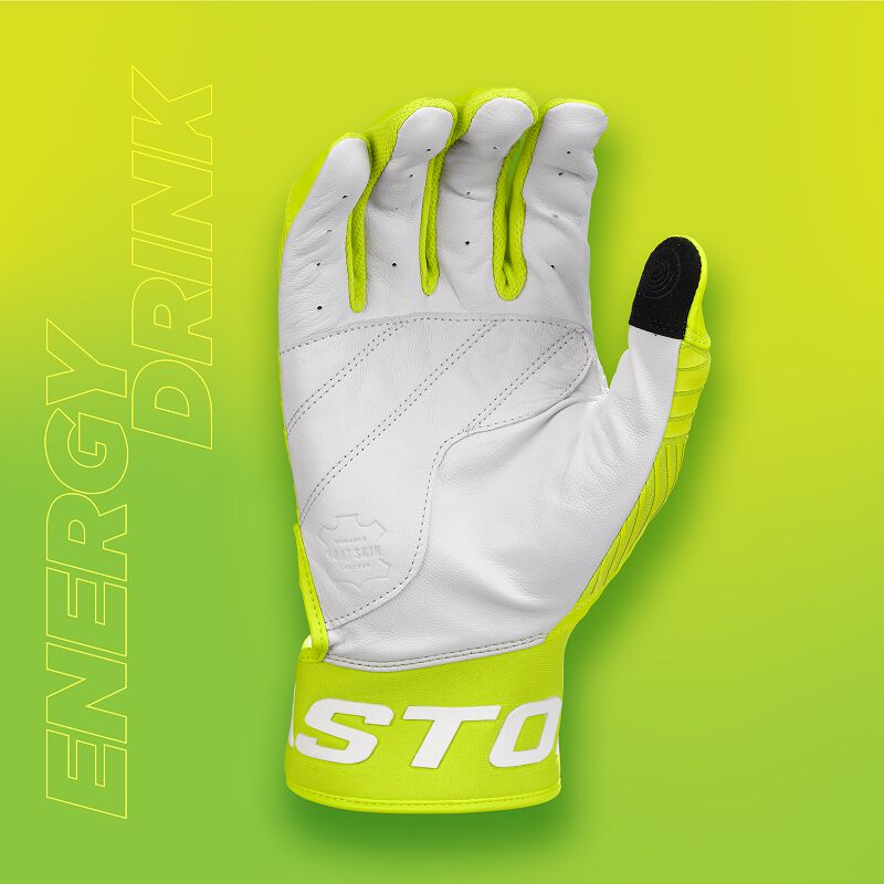 White palm of a Walk-Off Ethos Energy Drink batting glove with an "Energy Drink" background