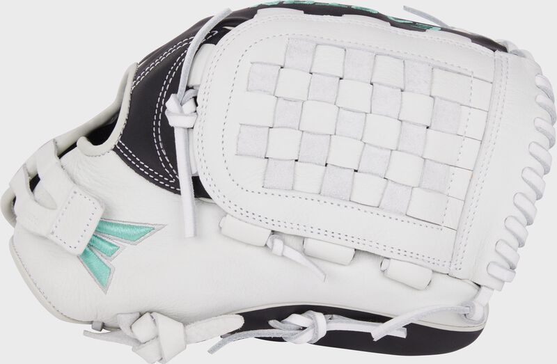 White thumb of a black/white Easton Fundamental Fastpitch 12.5-Inch fastpitch softball glove with a white Basket web