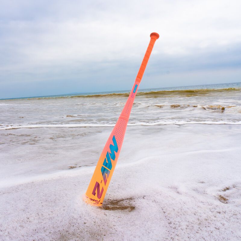 Picture of an Easton MAV2 Flash USA Baseball bat getting knocked over by a wave loading=