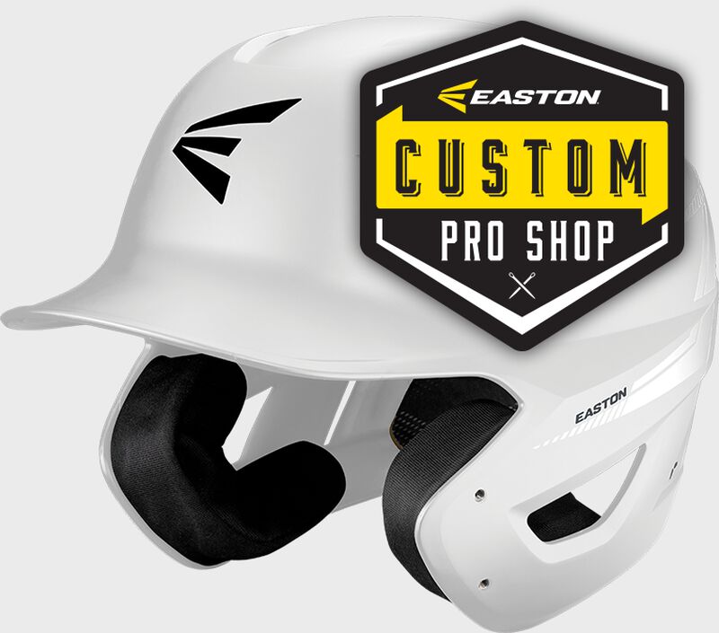 A white Pro Max batting helmet with the "Easton Custom Pro Shop" logo on the helmet loading=