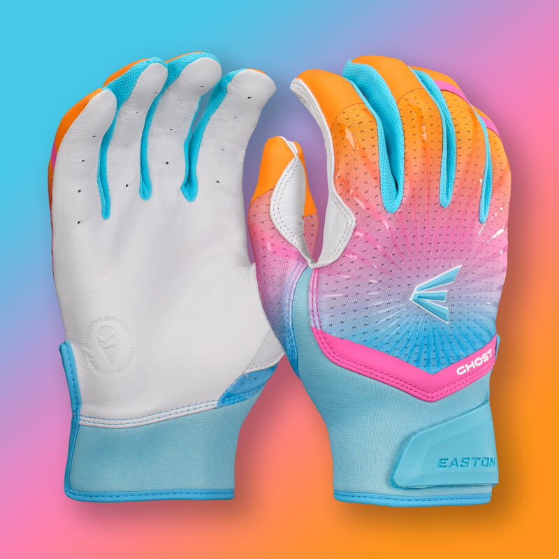 A pair of a orange/blue/white Easton Rainbow Sherbet Ghost Ethos fastpitch batting gloves with a rainbow sherbet theme background loading=
