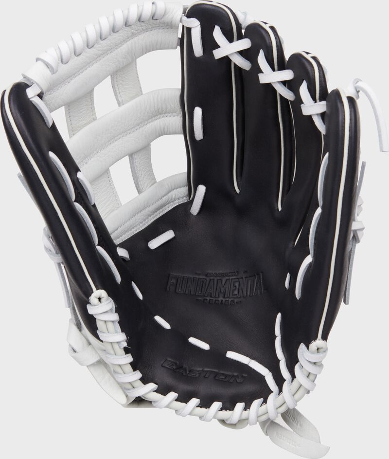 Black palm of a black/white Easton Fundamental Fastpitch 13-Inch fastpitch softball glove with white laces loading=