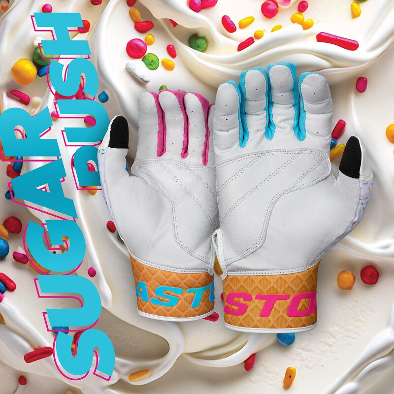 Palm of a pair of Easton Walk-Off Ethos Sugar Rush batting glove with a "sugar rush" background