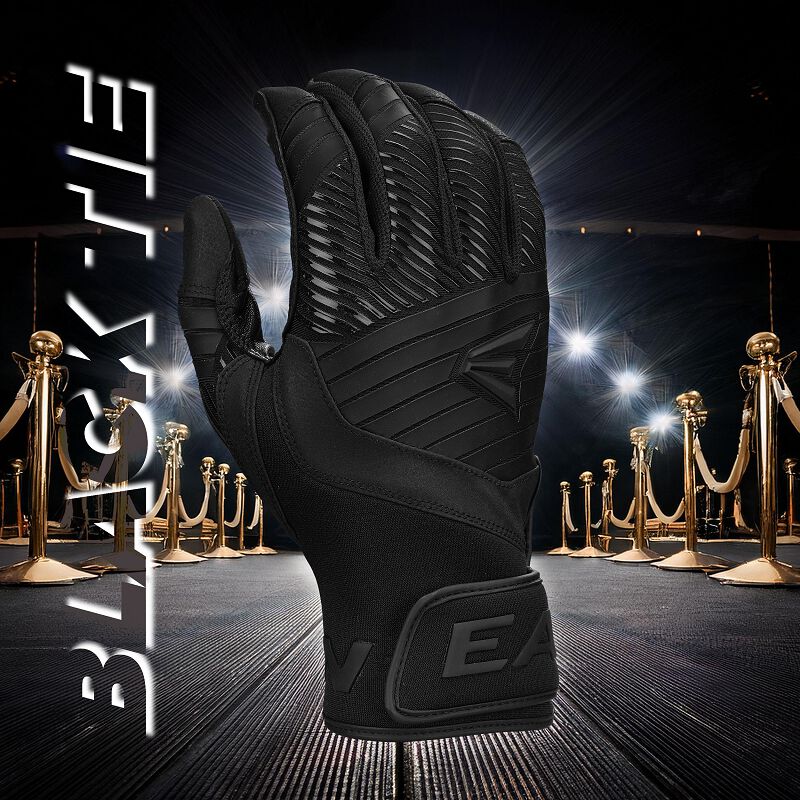 Back of a black Easton Walk-Off Ethos Black Tie batting glove with a "Black Tie" background